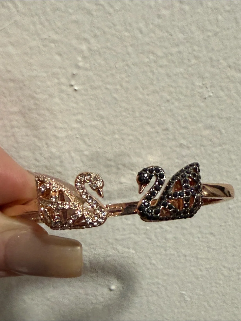 Swan Open Cuff Bracelet in Rose Gold with Black & Pink Swan Accents